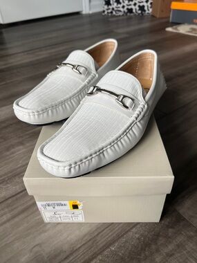 Men's White Leather Bit-Detail Slip-On Loafers